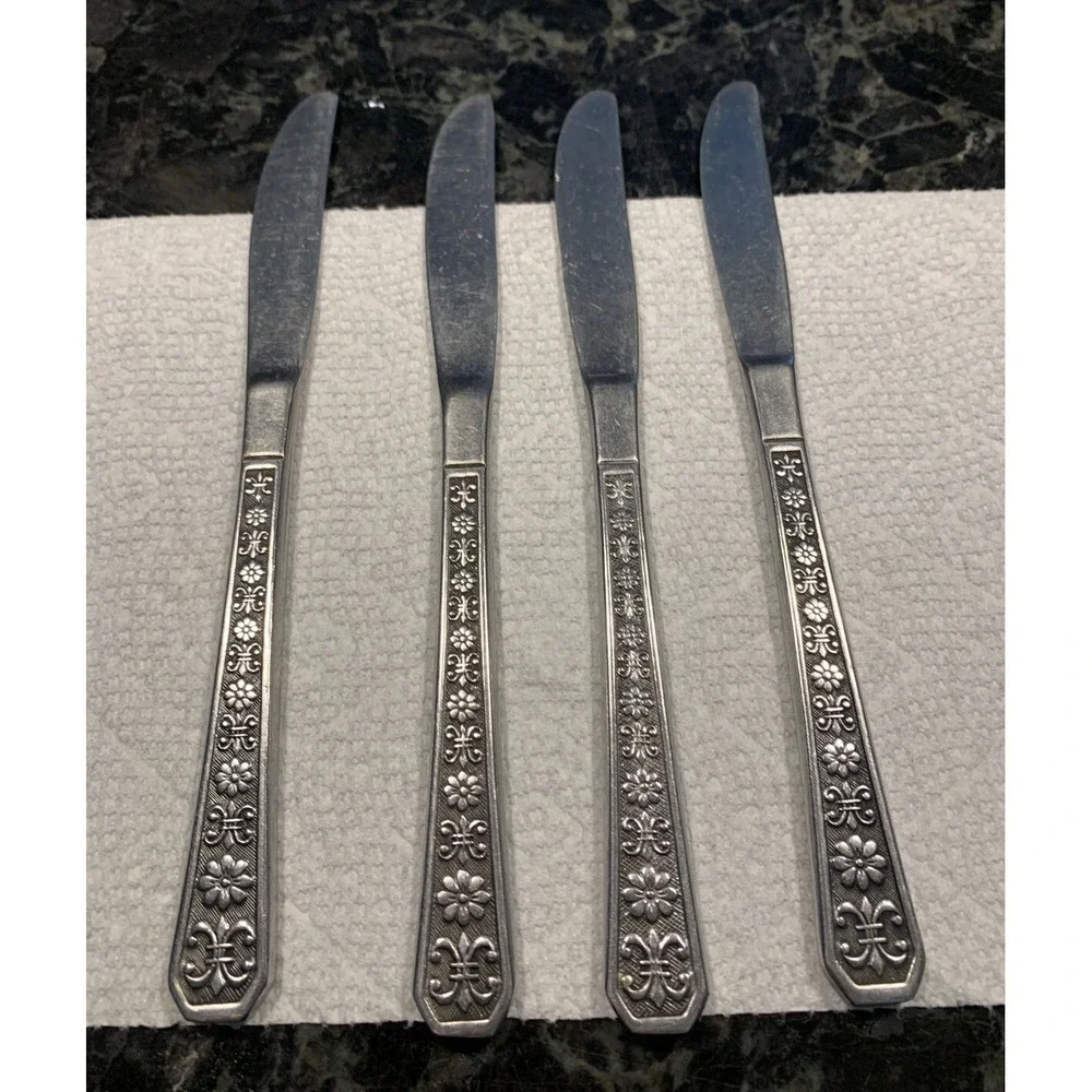Dinner knives 4 Interpur FLORENZ Stainless Flatware Flowers Texture Black Accent